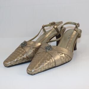 Vintage Unisa Bronze Woven Slingback Heels | Size 6.5 | Kitten Heel